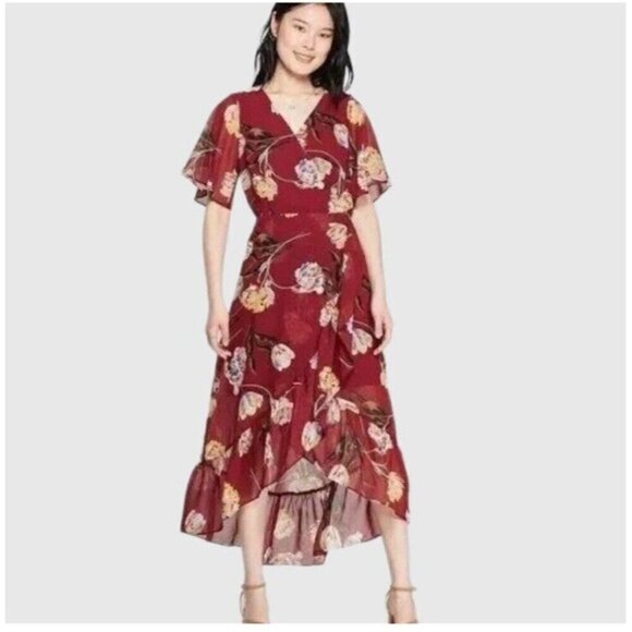 A New Day Faux Wrap Dress Hi Lo Midi Burgundy Red Floral V Neck Short Sleeve - Picture 1 of 16